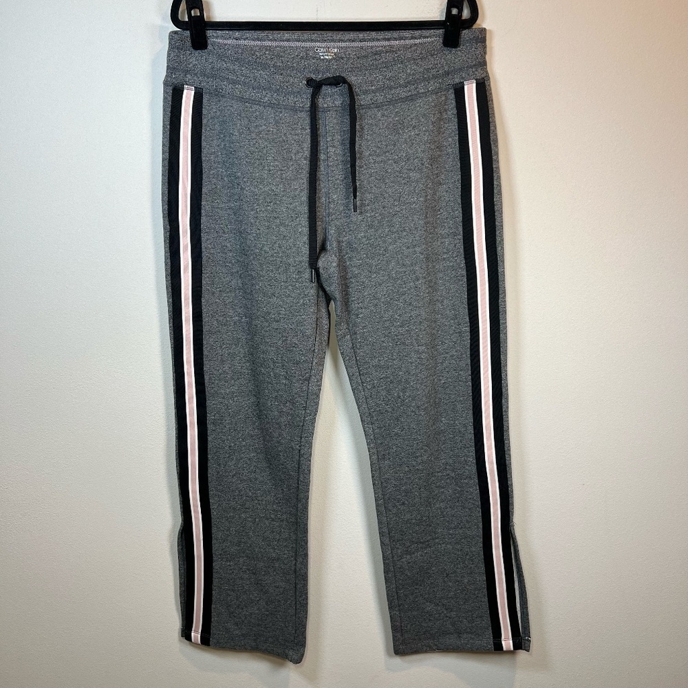 Calvin Klein Performance Fleece Pants Gray Heather Stripe Slit Leg Athleisure XL